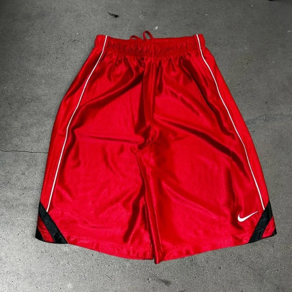 Y2K men's Nike basketball red and black silk baggy long gym shorts Size XS